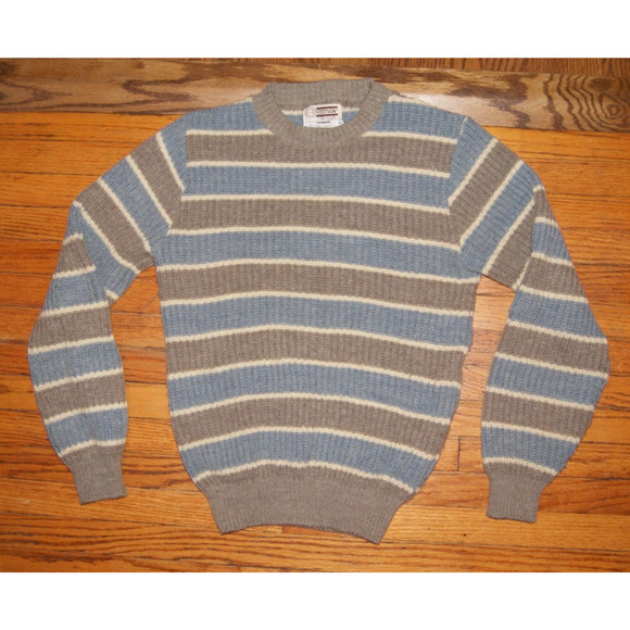 Vintage 80s Stetson Wool Bled Gray Blue Ivory Stripe Mens M Knit Sweater USA - Picture 1 of 9